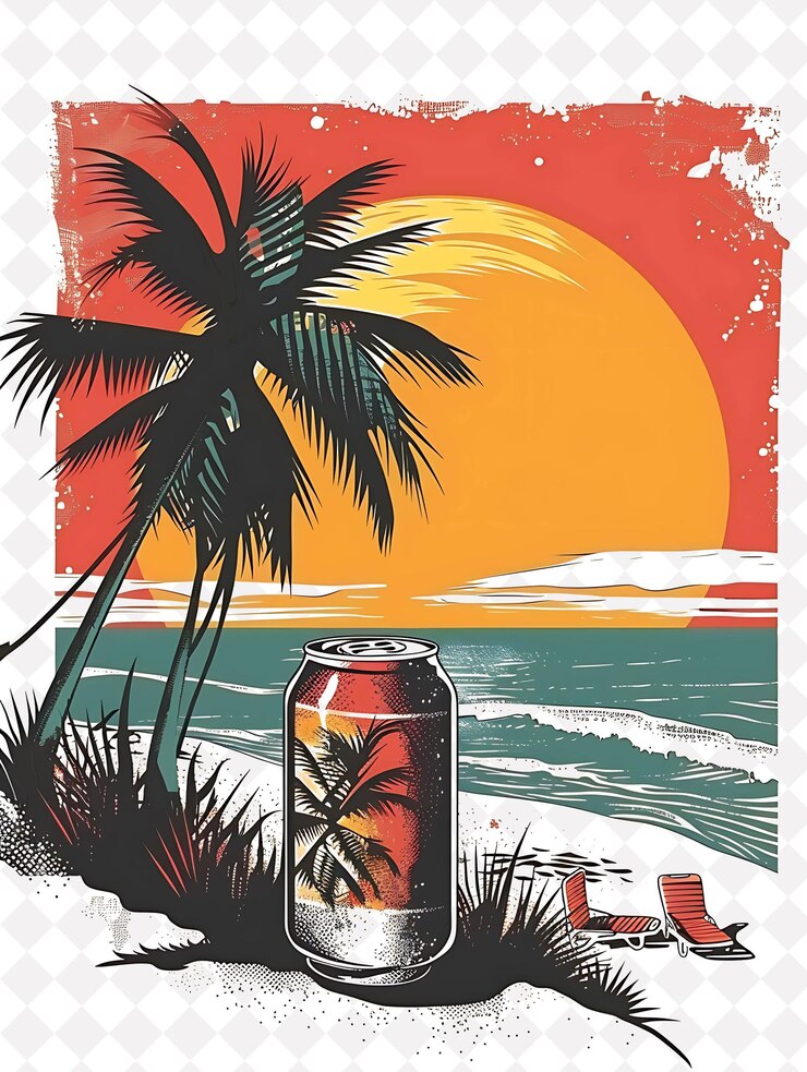 PSD una lata de coca cola se sienta en la playa con una puesta de sol en el fondo