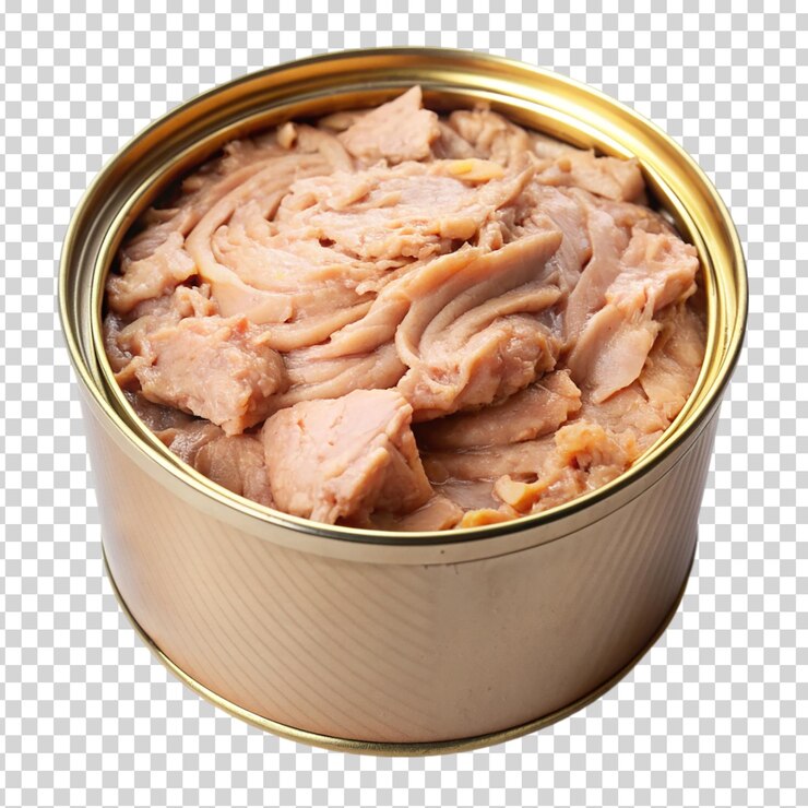PSD una lata de comida con carne en un fondo transparente