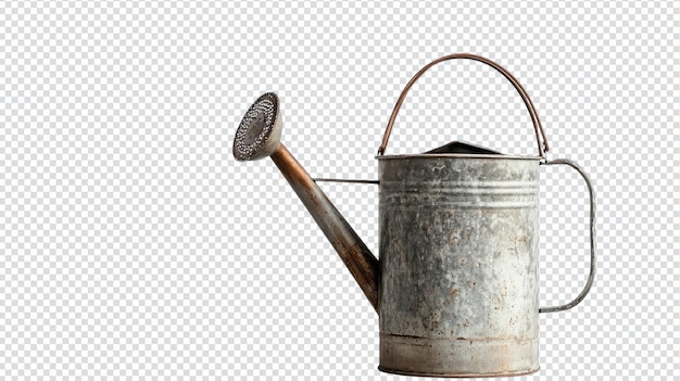 Lata de irrigação de metal vintage isolada em fundo branco para inspirações de jardinagem e design floral