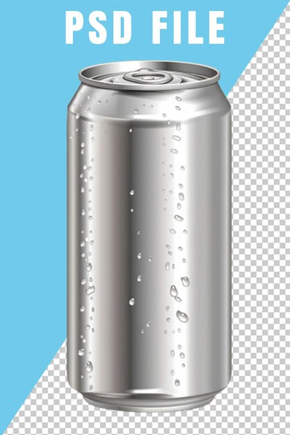 Una lata de metal en blanco psd de un recipiente realista 3d para soda aislada sobre un fondo transparente