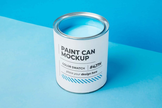 PSD lata de pintura con fondo azul.