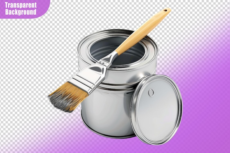 PSD una lata de pintura y un pincel aislados sobre un fondo transparente