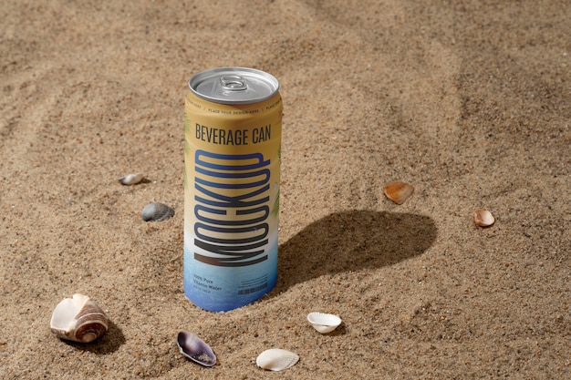 PSD lata de refresco en la playa.