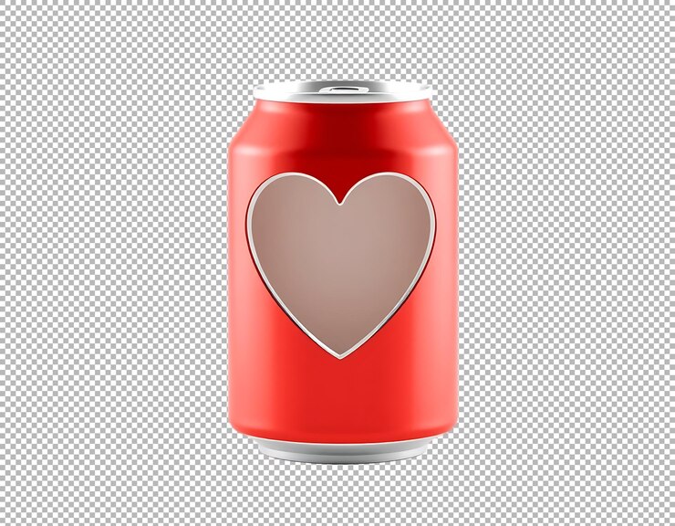 PSD una lata de refresco roja con un corazón recortado para el día de san valentín.