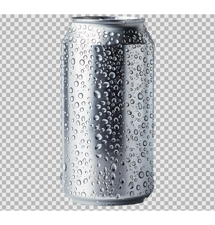 PSD lata de soda de aluminio con gotas de agua aisladas sobre un fondo transparente