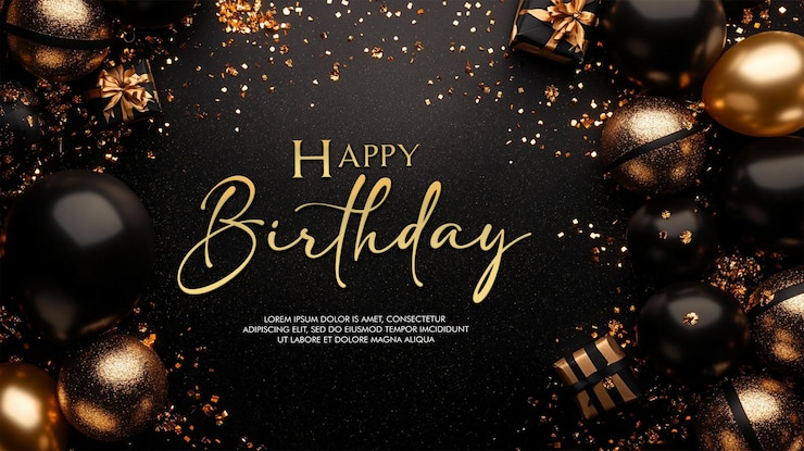 Latar belakang perayaan dengan balon emas hitam, hadiah, dan confetti
