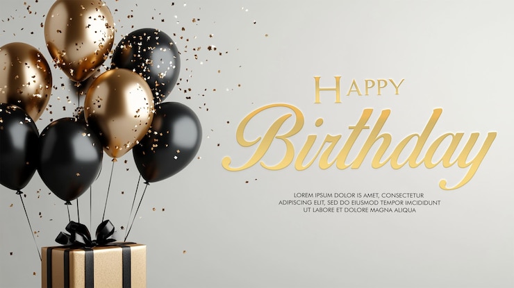 Latar belakang perayaan dengan balon emas hitam, hadiah, dan confetti
