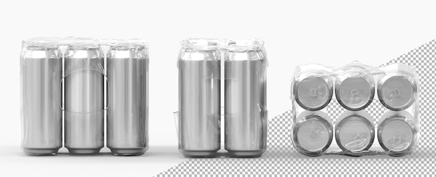 Latas 3d de refrigerante ou cerveja em embalagem retrátil maquete frontal e vista superior conjunto realista de frascos de metal em embalagens plásticas transparentes garrafas de bebida prateada isoladas no fundo branco