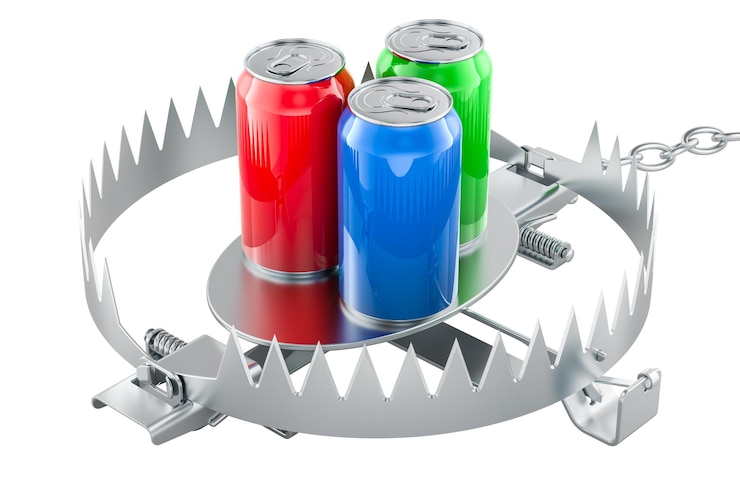 PSD latas de bebidas metálicas de colores en trampas para osos concepto de dependencia de la cafeína o el alcohol del azúcar rendering 3d aislado en un fondo transparente