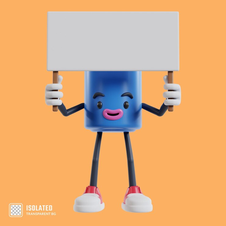 PSD latas de bebidas personaje sosteniendo cartel verde con ambas manos ilustración 3d de latas de refrescos