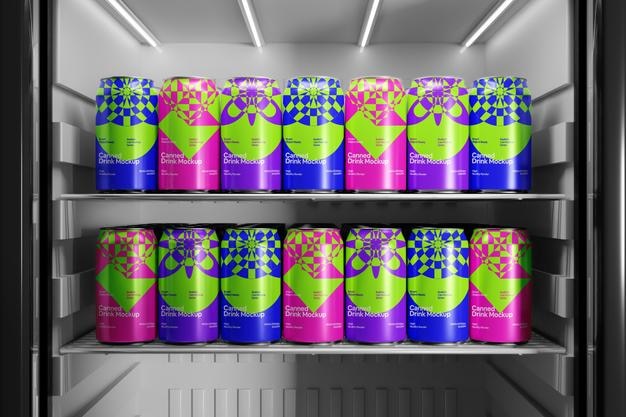Las latas de bebidas vibrantes expuestas en un refrigerador