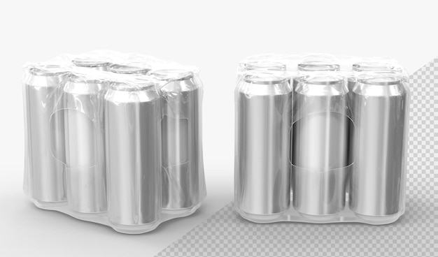 PSD latas de cerveza o refrescos en una envoltura de plástico vista frontal y angular conjunto de maquetas realistas de seis frascos de metal en botellas de bebida de aluminio de película retráctil en un paquete transparente sobre fondo blanco