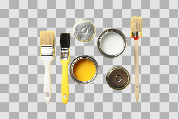 Latas de pintura PNG de pintura e ferramentas de pintura vista de cima isoladas em fundo branco