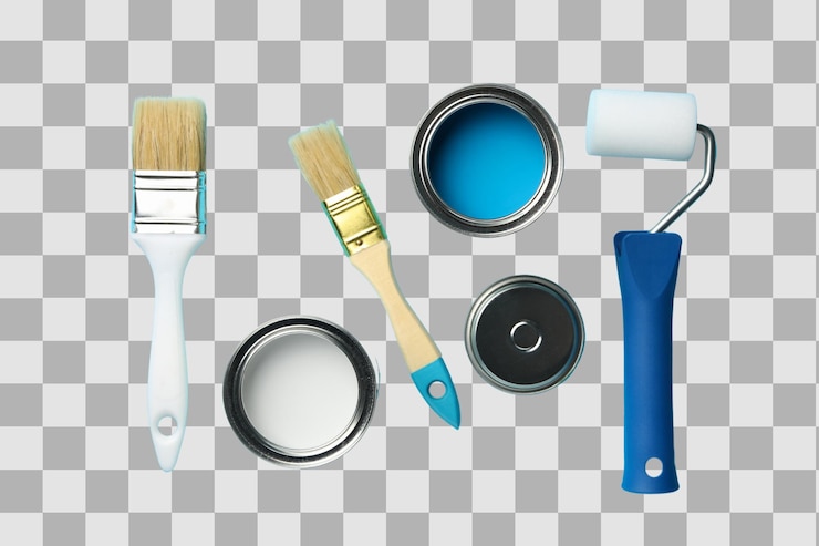 PSD latas de pintura png de pintura e ferramentas de pintura vista de cima isoladas em fundo branco