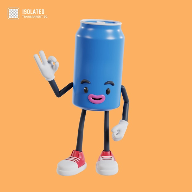 PSD latas de refrigerante personagem mostrando ok gesto de dedo ilustração 3d de latas de gelatina