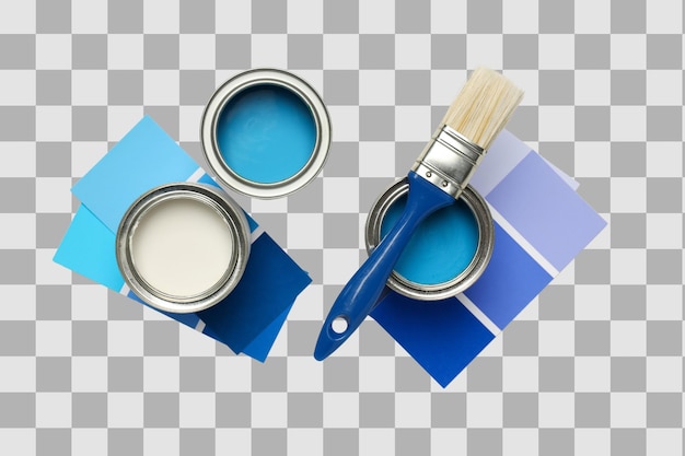 Latas de tinta azul ao lado de amostras isoladas em PNG branco