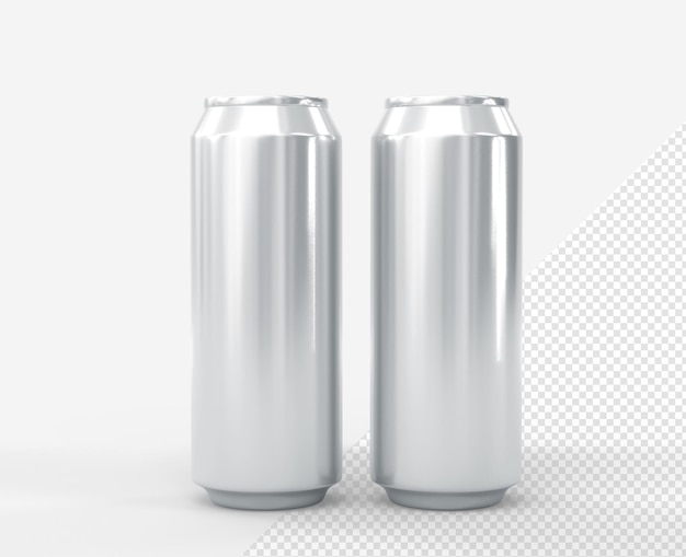 Latas para refrigerante ou cerveja isoladas no fundo branco Maquete realista de latas de alumínio em branco ou garrafas de metal para bebida energética ou modelo de limonada de pacote de prata para bebida