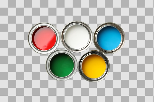 Latas de pintura PNG de pintura de color vista superior aisladas sobre un fondo blanco