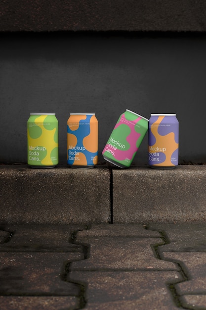 Las latas de refresco en el modelo de estilo grunge de la calle