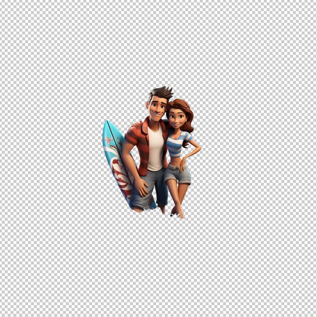 PSD latin couple surfing 3d cartoon estilo fundo transparente é