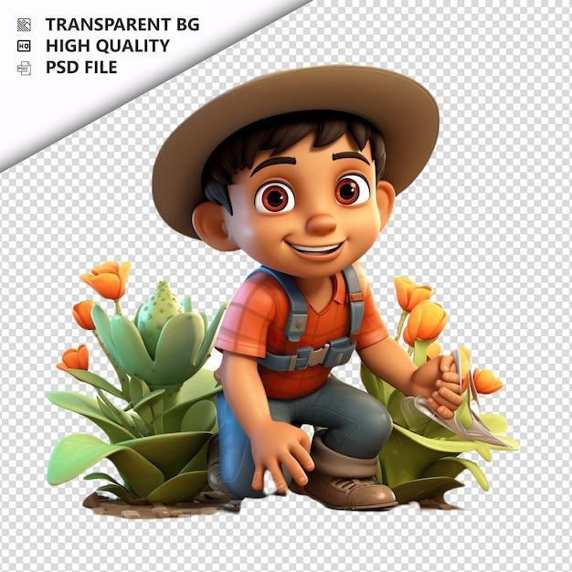 PSD latin kid gardening 3d cartoon style com fundo branco iso