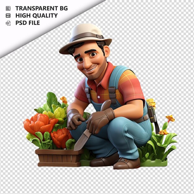 Latin man gardening 3d cartoon-stil mit weißem hintergrund iso