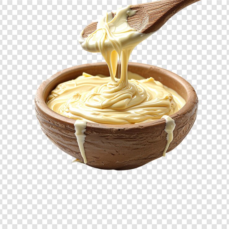 PSD latte condensato in pentola di legno isolato su sfondo trasparente