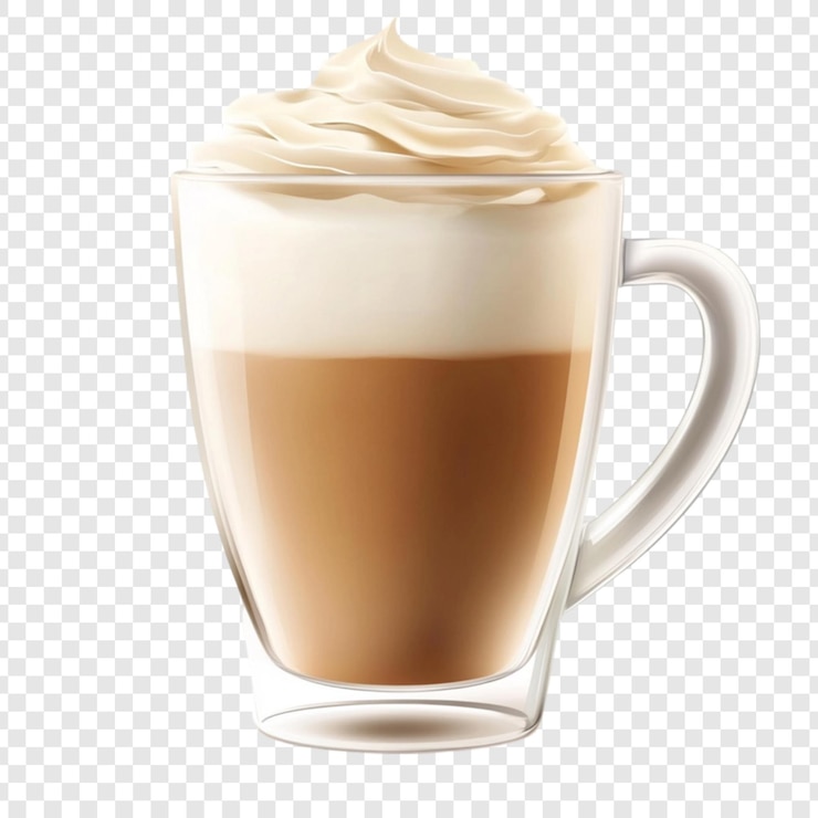 PSD latte cremoso en taza de vidrio deliciosa bebida de café crema batida