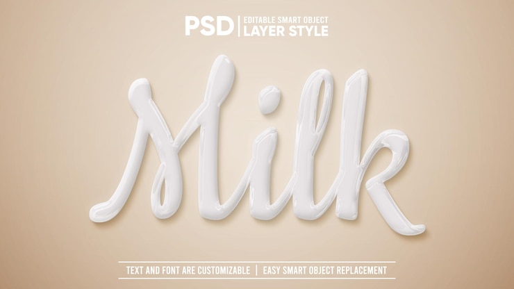 PSD latte liquido goccia pulito bianco stile livello modificabile effetto testo oggetto intelligente
