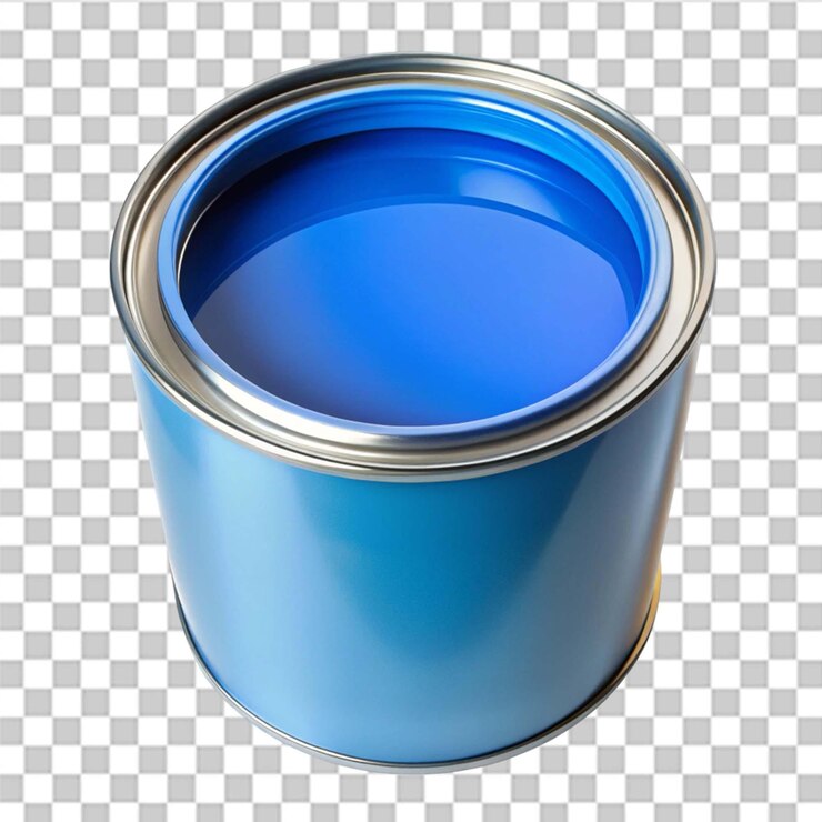 Lattina di vernice con vernice blu isolata su uno sfondo trasparente
