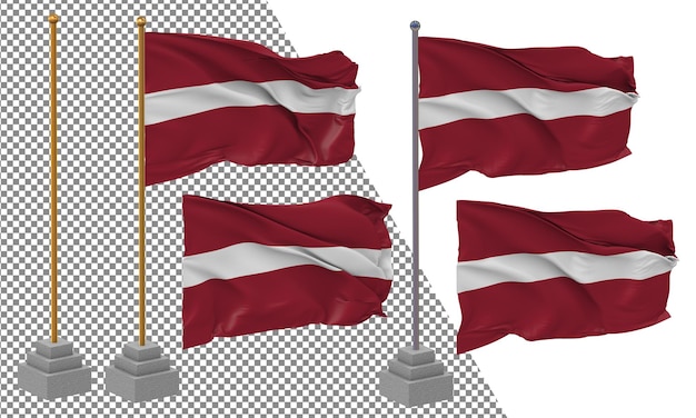 latvia flag waving different style with stand pole isolated 3d rendering