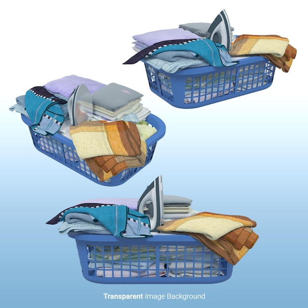 PSD laundry-blau-korb voller kleidung mit eisen auf einem isolierten transparenten bild-hintergrund 3d-render