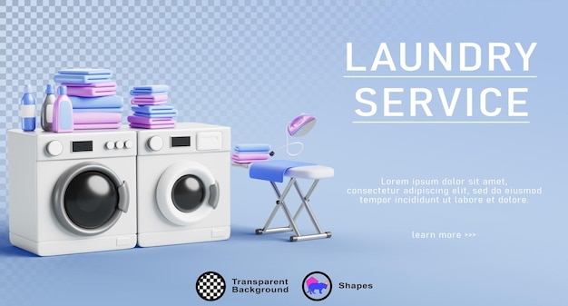 Laundry service advertising banner with washer and dryer detergents in bottles ironing board iron and clean fold clothes stacks Render poster of public launderette room washhouse