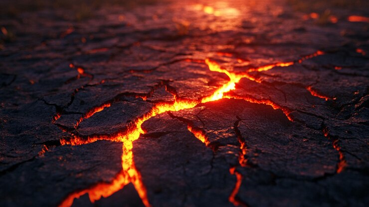 PSD la lava derretida fluye a través de la tierra agrietada un resplandor ardiente al atardecer
