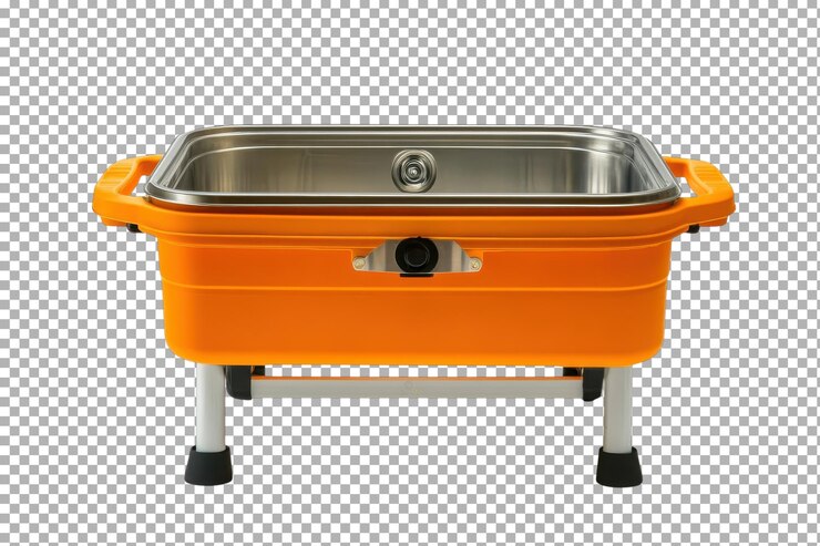 PSD lavabo portátil de acero inoxidable al aire libre con base de plástico naranja para acampar y eventos