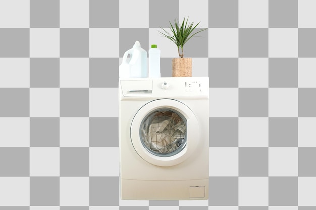 Lavadora llena de ropa y decoración aislada en PNG blanco