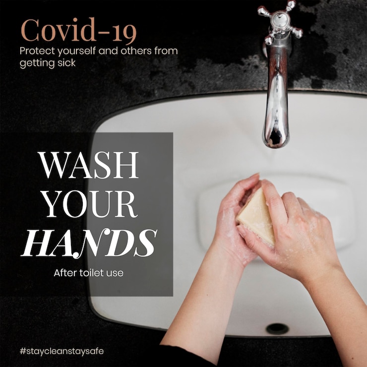 PSD lavez-vous les mains après avoir utilisé les toilettes pour vous protéger et protéger les autres contre la maladie de la maquette du modèle social covid-19