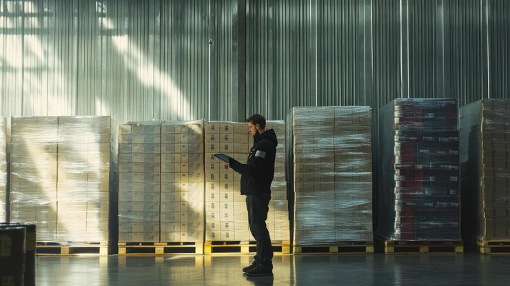 PSD lavoratore che controlla l'inventario in un magazzino