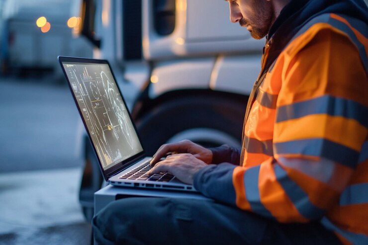 PSD lavoratore che usa il portatile accanto al camion di notte