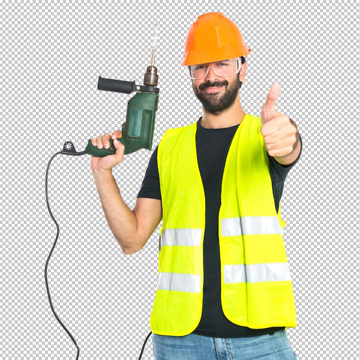 PSD lavoratore con un trapano su uno sfondo bianco