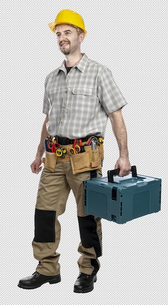 Lavoratore edile che porta la scatola degli attrezzi e indossa il casco di sicurezza