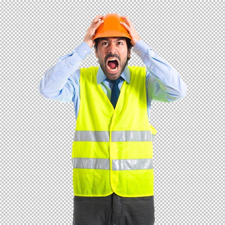 PSD lavoratore frustrato sullo sfondo bianco