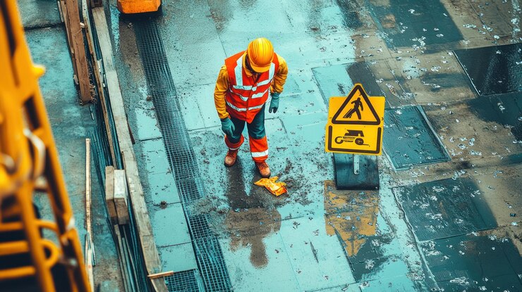 PSD lavoratore in attrezzatura di sicurezza su un cantiere di costruzione bagnato