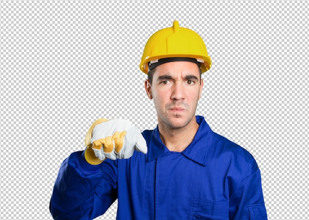 Lavoratore in possesso di un poster immaginario su sfondo bianco