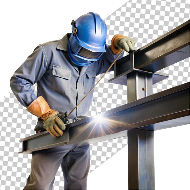 PSD lavoratore industriale che salda su uno sfondo trasparente