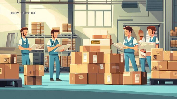 PSD lavoratori di magazzino che controllano l'inventario e le scatole