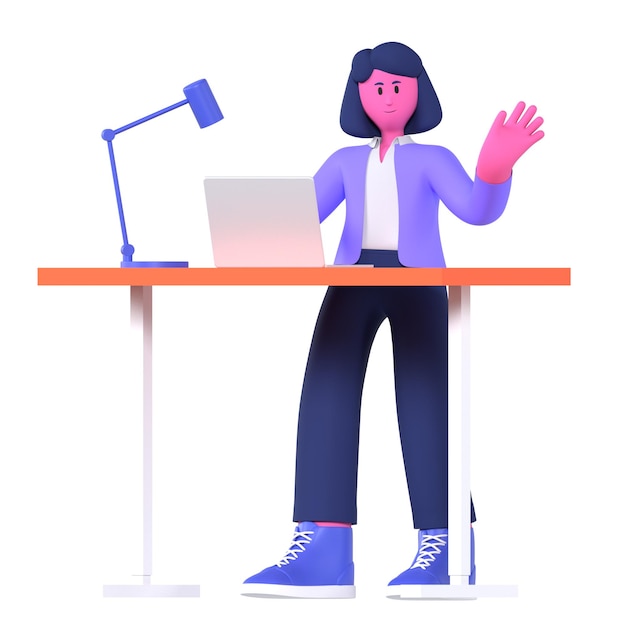 Lavoro femminile in un'azienda di spazio di lavoro Pose 3D