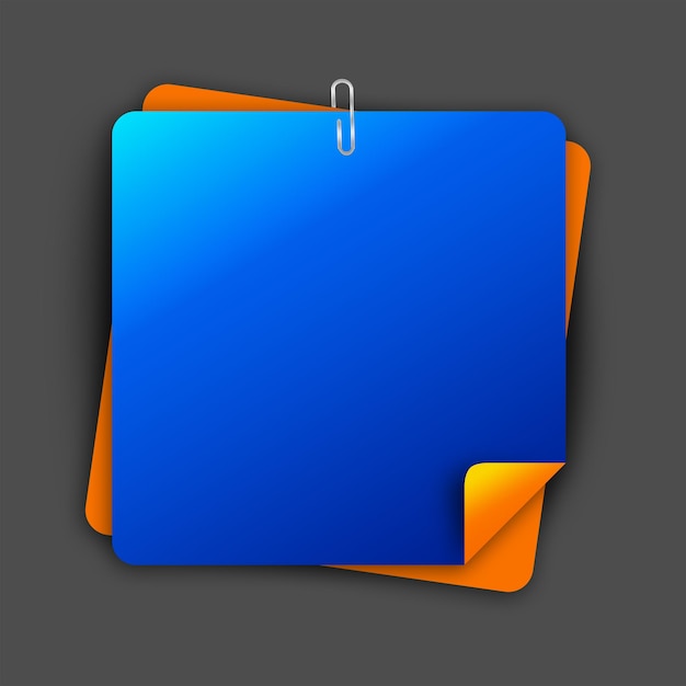 A layered blue and orange sticky note with a paper clip