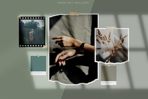 Layout de colagem elegante Tabule de humor Mockup Template Scene com paleta de cores e sobreposição de sombras suaves Para apresentação de seus projetos identidade de marca ou apresentação de qualquer trabalho criativo e ideias à moda