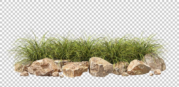 Layout de composição de grama e rocha isolada em fundos transparentes em 3d.